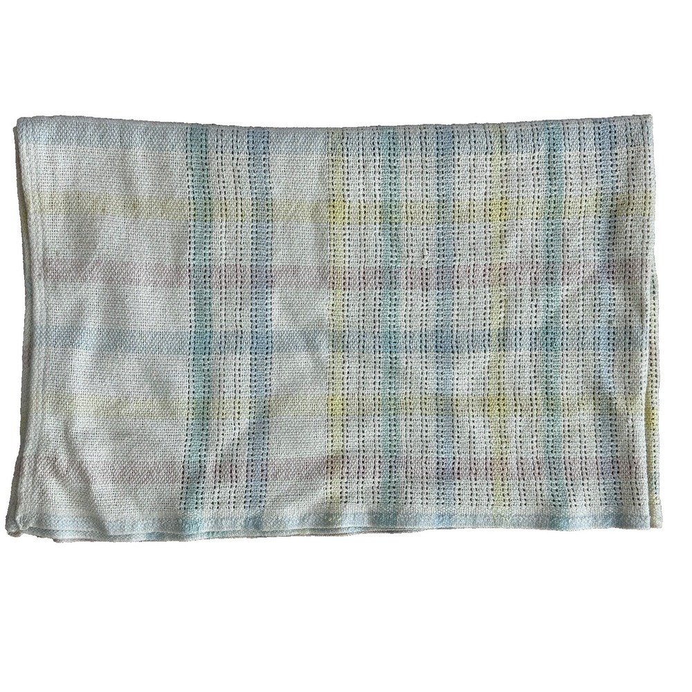 Vtg Beacon Pastel Baby Blanket Plaid Stripe Knit Waffle Weave Cotton  USA